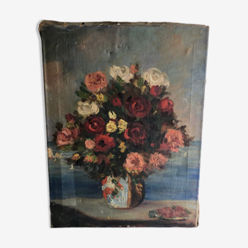 Oil on canvas ancient Bouquet of flowers