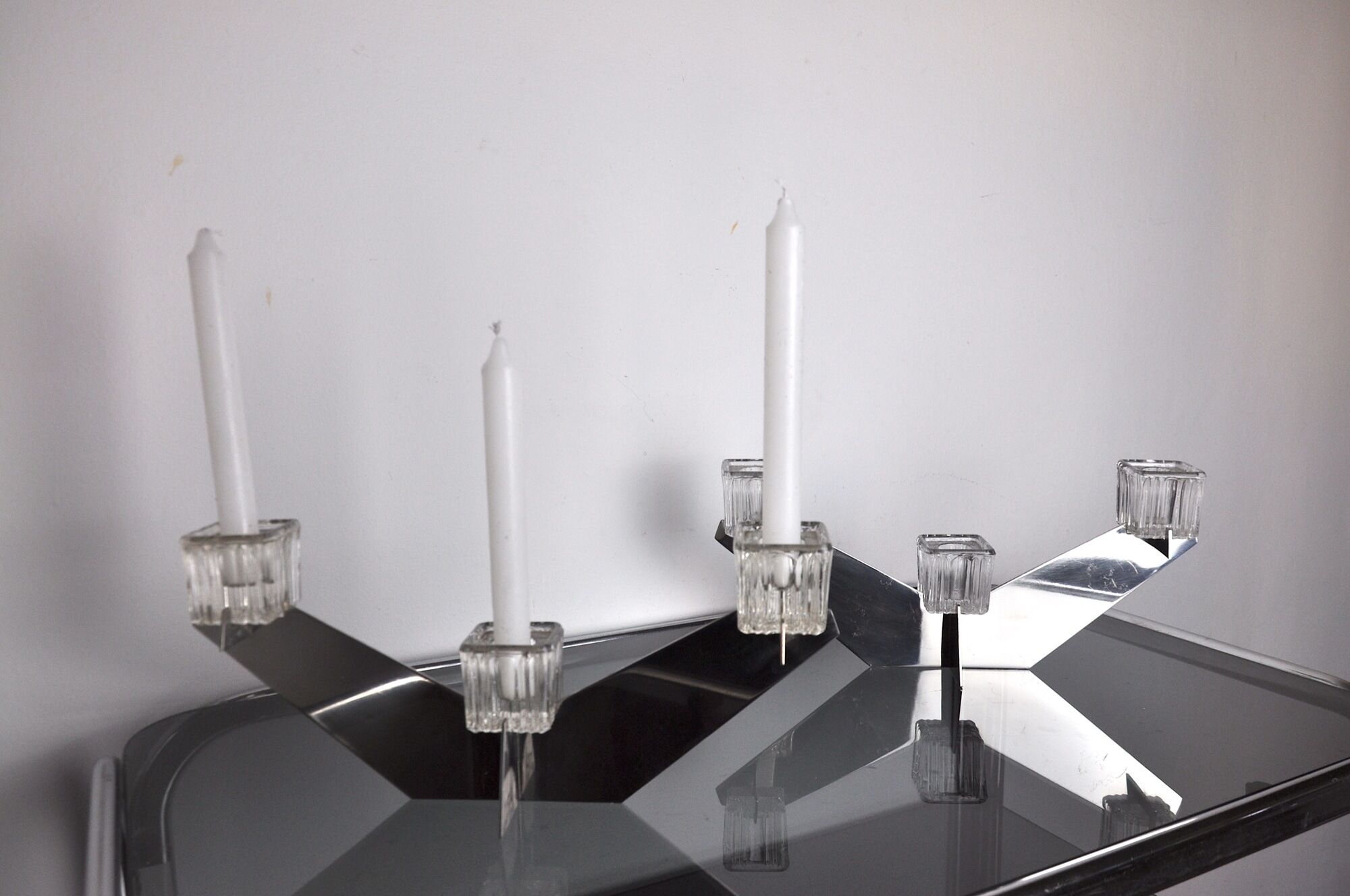 Pair of Peill & Putzler candlesticks, glass and metal, Germany, 1970