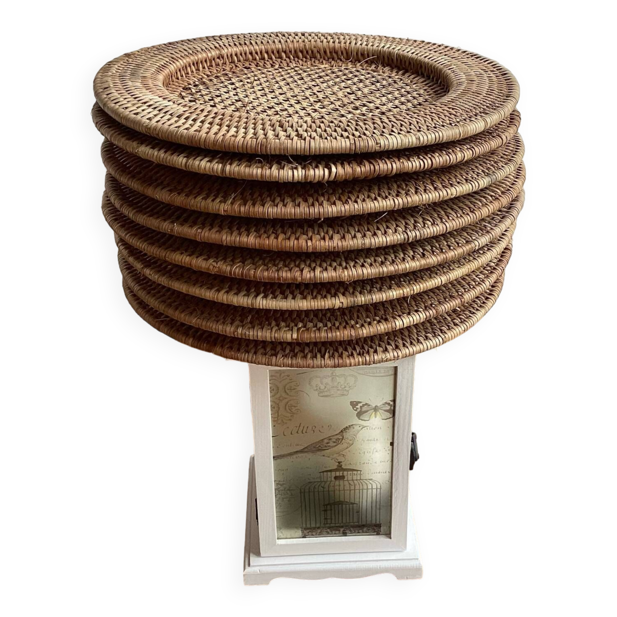 Set of round woven rattan and canework coasters