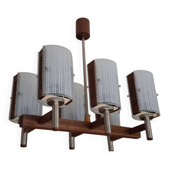 Brutalist teak and art glass chandelier, Italy 1960s