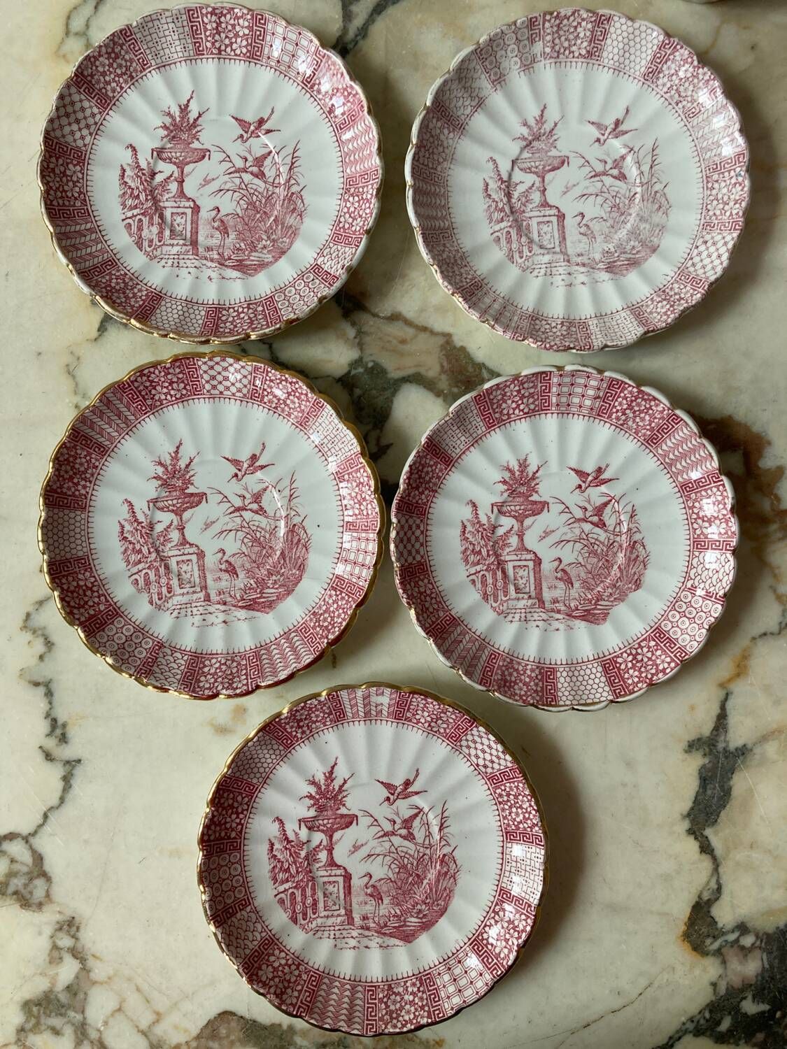Set of 5 Lunéville “K and G” cups and saucers