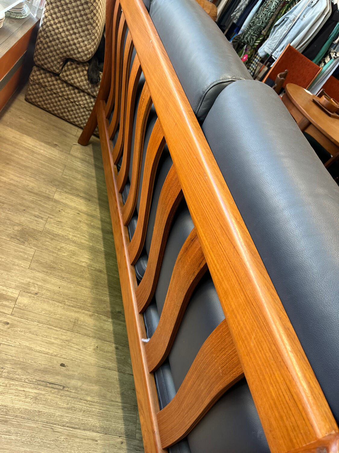 Scandinavian bench in solid teak and faux leather 1970