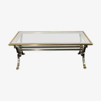Table basse plateau piétement en acier brossé et bronze doré