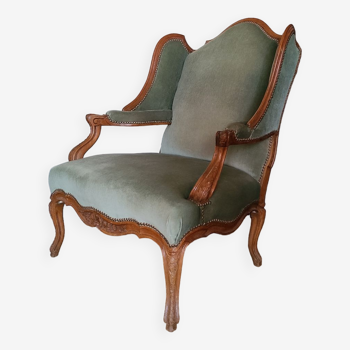Vintage Louis XV style wing chair, light green velvet