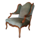 Bergère à oreilles style louis XV vintage, velour vert clair