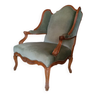 Vintage Louis XV style wing chair, light green velvet