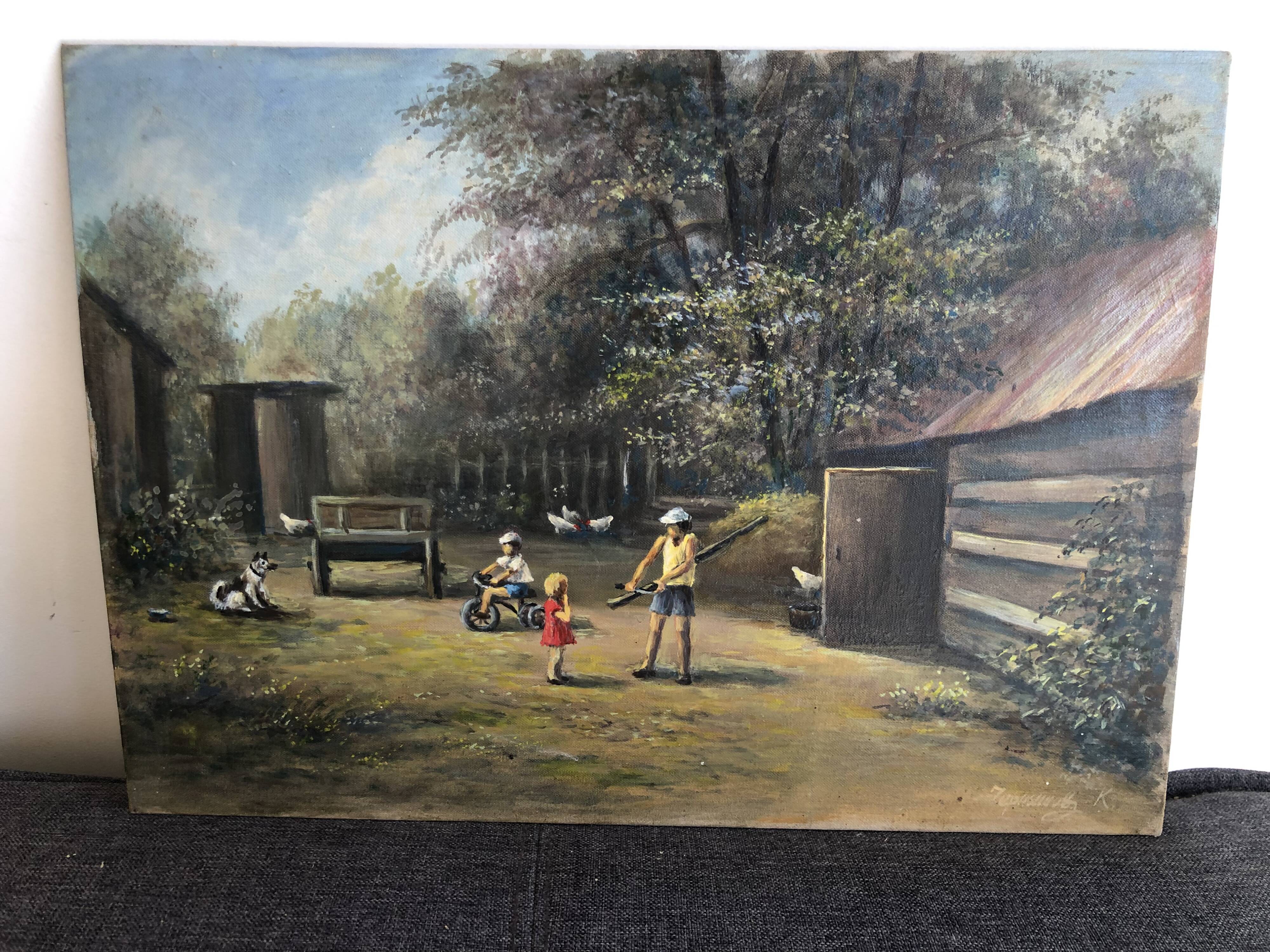Oil on cardboard picturesque Russian stage