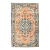 Vintage Peach Oriental Rug, Faded Petrol Blue Border, Soft Handmade Carpet