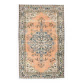 Vintage Peach Oriental Rug, Faded Petrol Blue Border, Soft Handmade Carpet