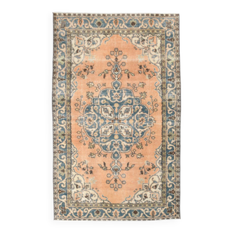 Vintage Peach Oriental Rug, Faded Petrol Blue Border, Soft Handmade Carpet