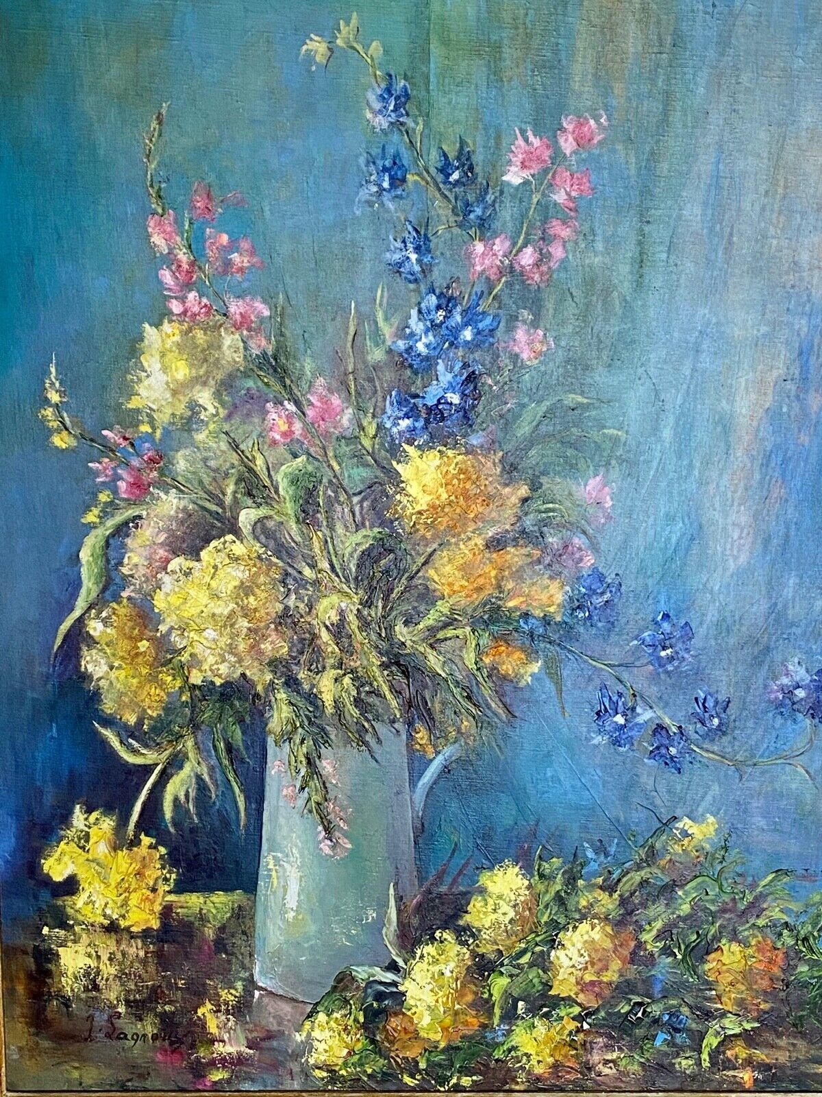 Oil on canvas by the lagnoux bouquet of still life flowers 1960