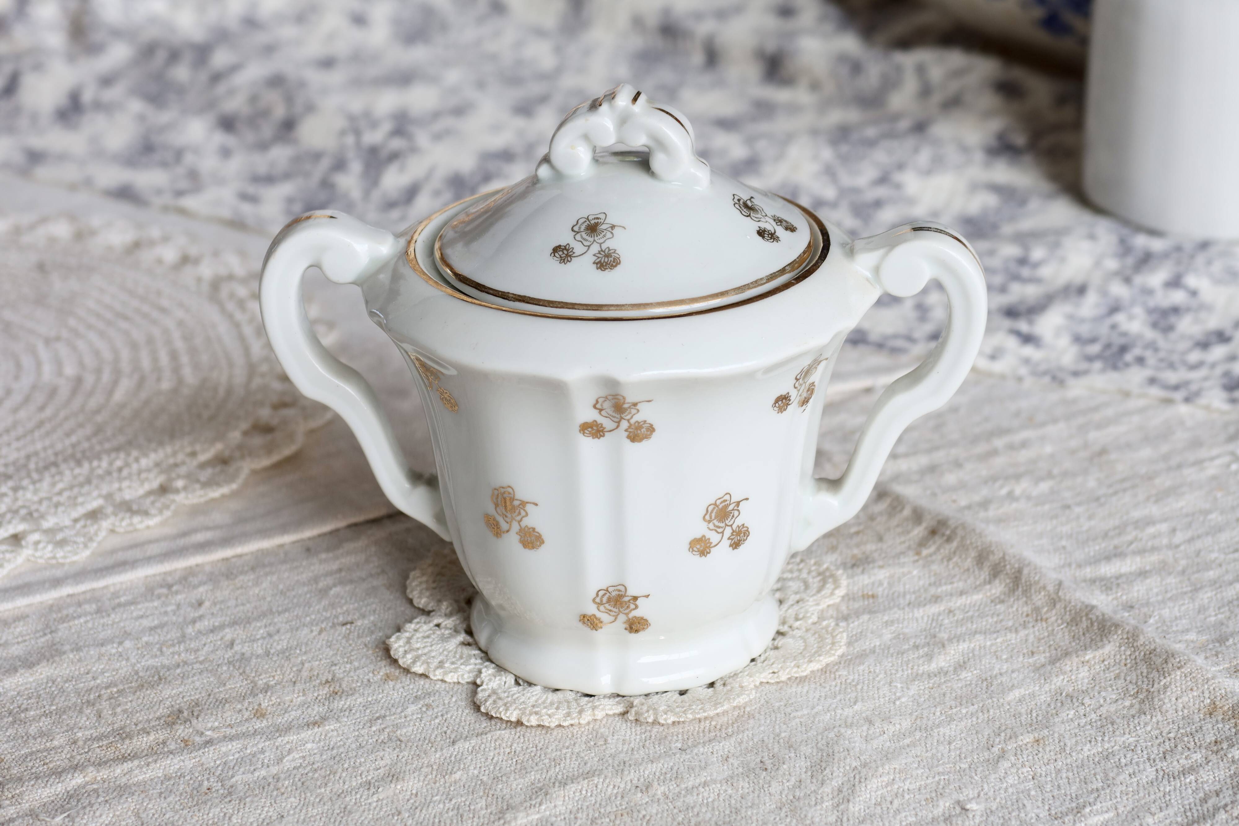 Antique PFC France porcelain sugar bowl with double handles – Gold floral decoration