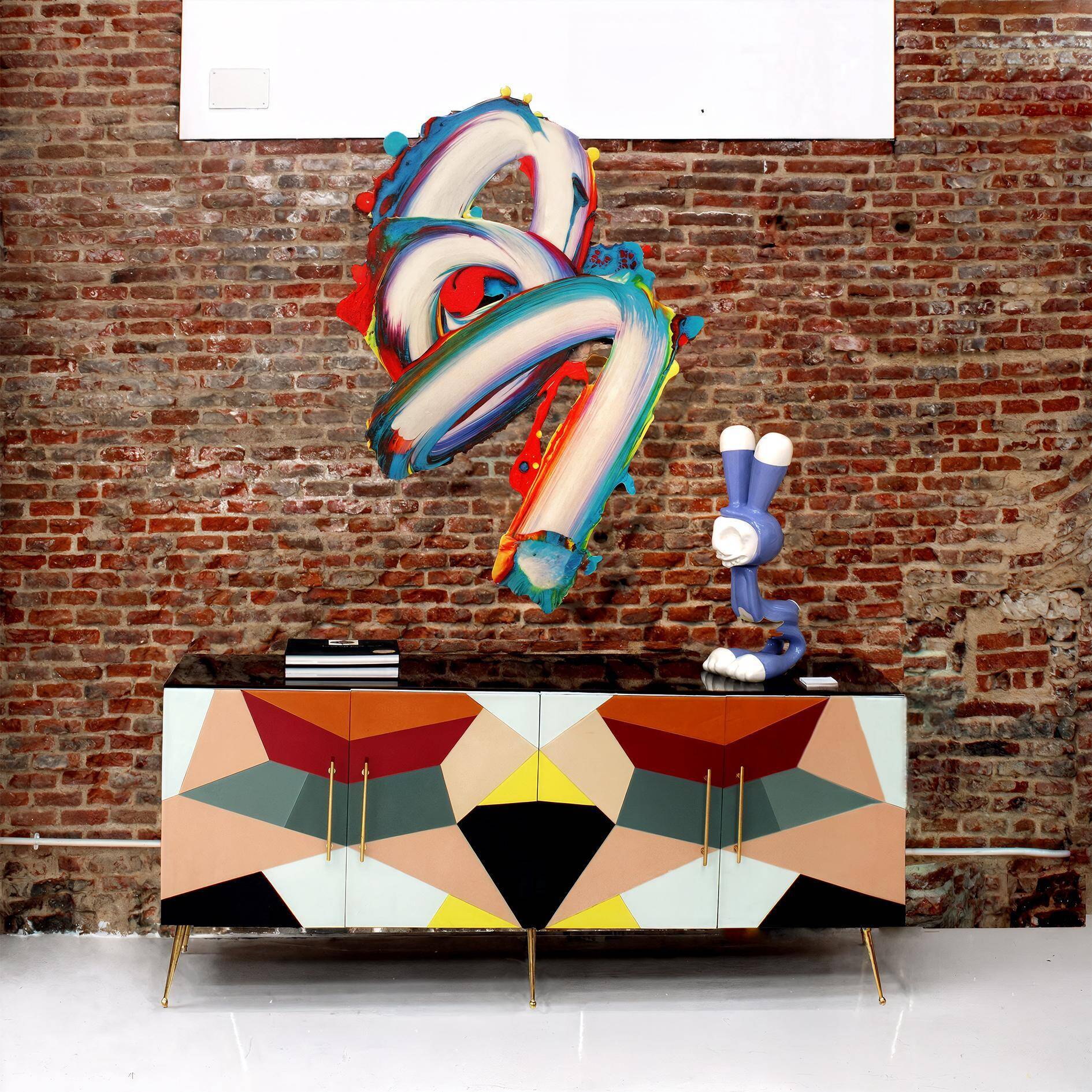 Mid-Century Italian Sideboard, Colorful Glass and Brass, Geometric Design.