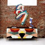 Mid-Century Italian Sideboard, Colorful Glass and Brass, Geometric Design.