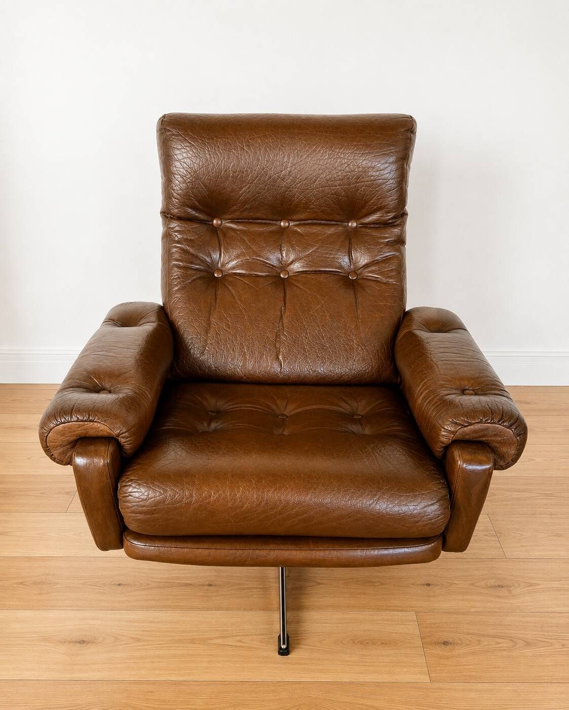 Vintage Danish mid-century brown leather swivel chair 1970s