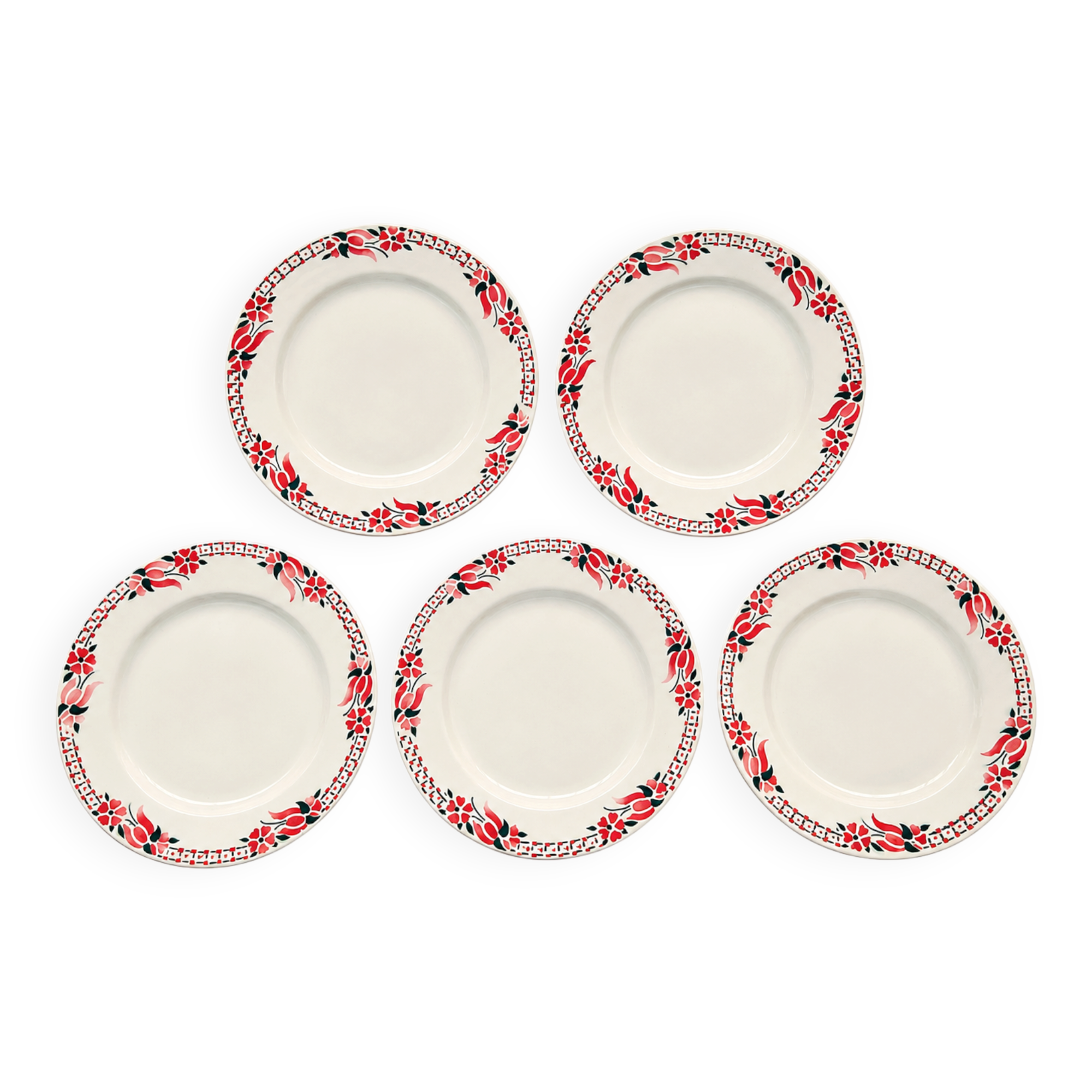 Set of 5 flat plates Céranord Saint-Amand with red floral decoration.
