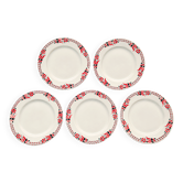Ensemble de 5 assiettes plates Céranord Saint-Amand décor floral rouge