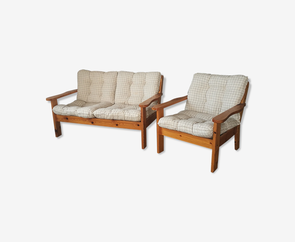 Banquette et fauteuil vintage en pin