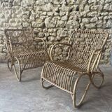 Ensemble table basse et fauteuils en roseau - années 50