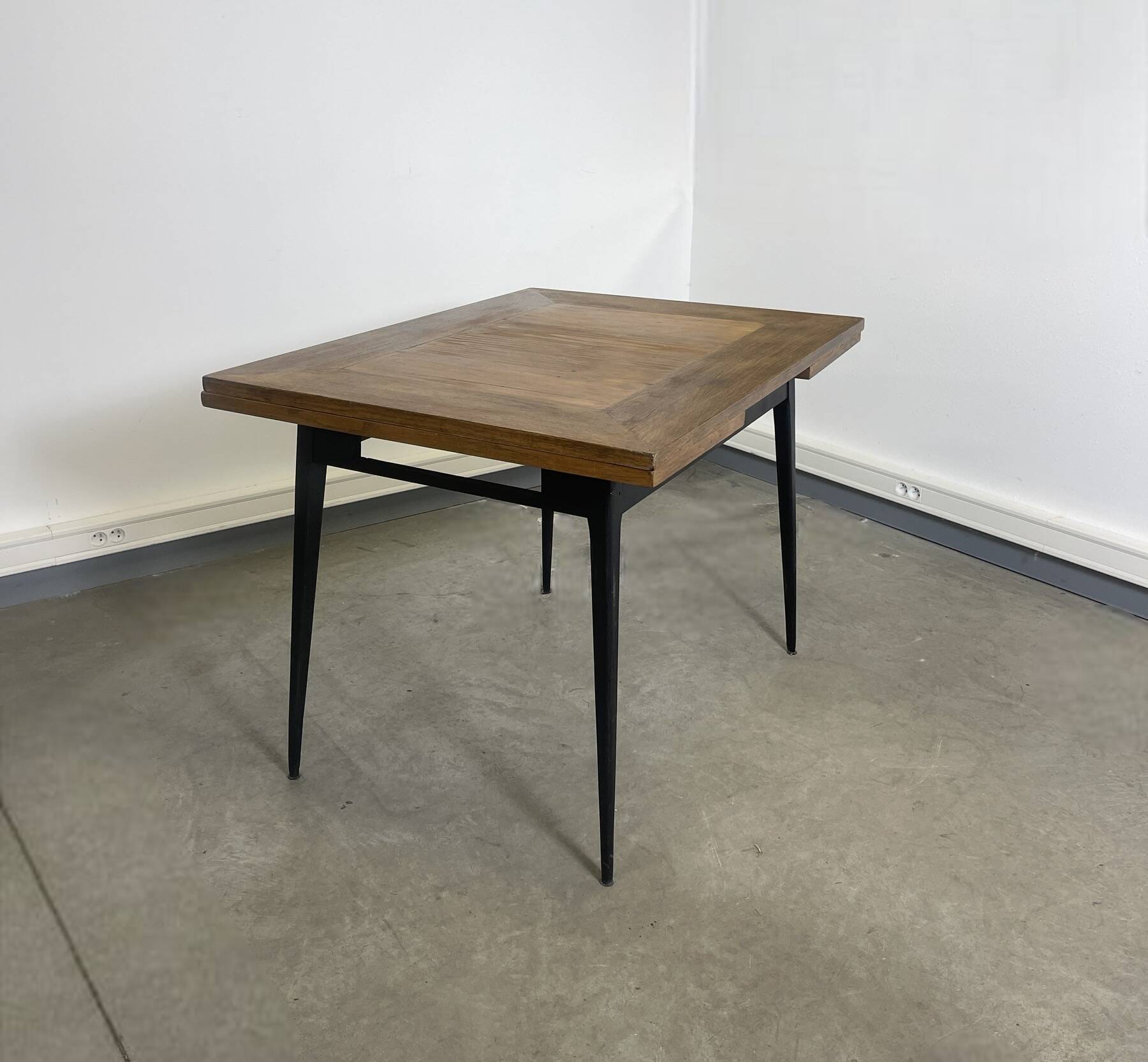 Rectangular extendable wooden table and black steel compass legs with 2 extensions France