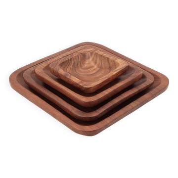 Set of four square nesting wooden empty pocket dishes, 1970s