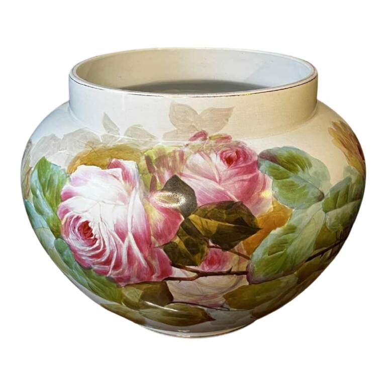 Large Verbanum Stone Laveno cache-pot, floral decoration "Roses" in earthenware ceramic, ca 1900