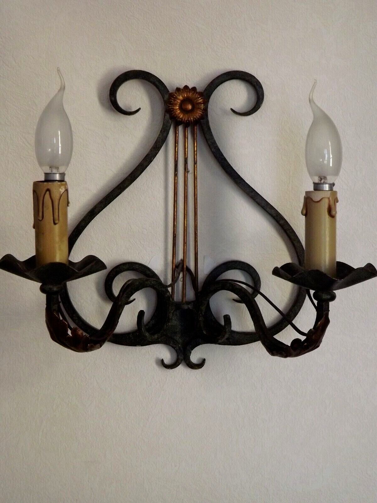 Pair of old antique French double lyre shape green wrought iron wall sconces