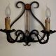 Pair of old antique French double lyre shape green wrought iron wall sconces