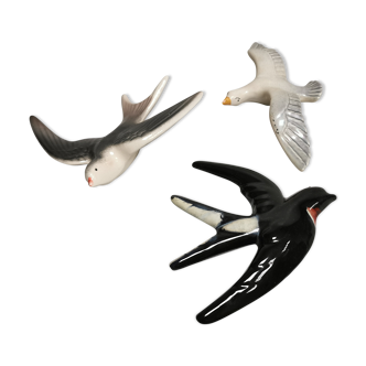 Vintage wall decor, 3 birds swallows and seagull in enamelled faience