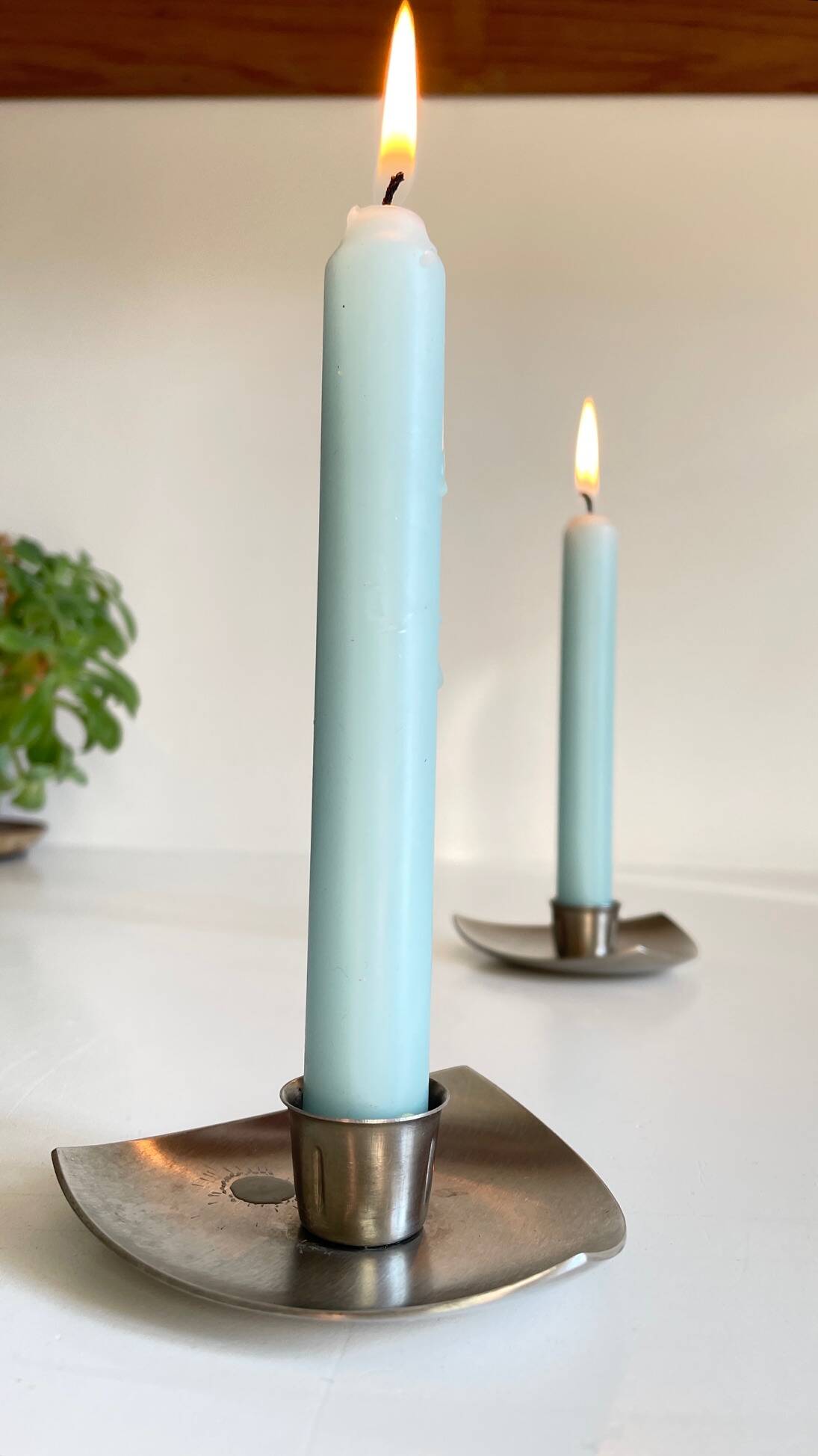 Vintage brushed metal geometric candle holders