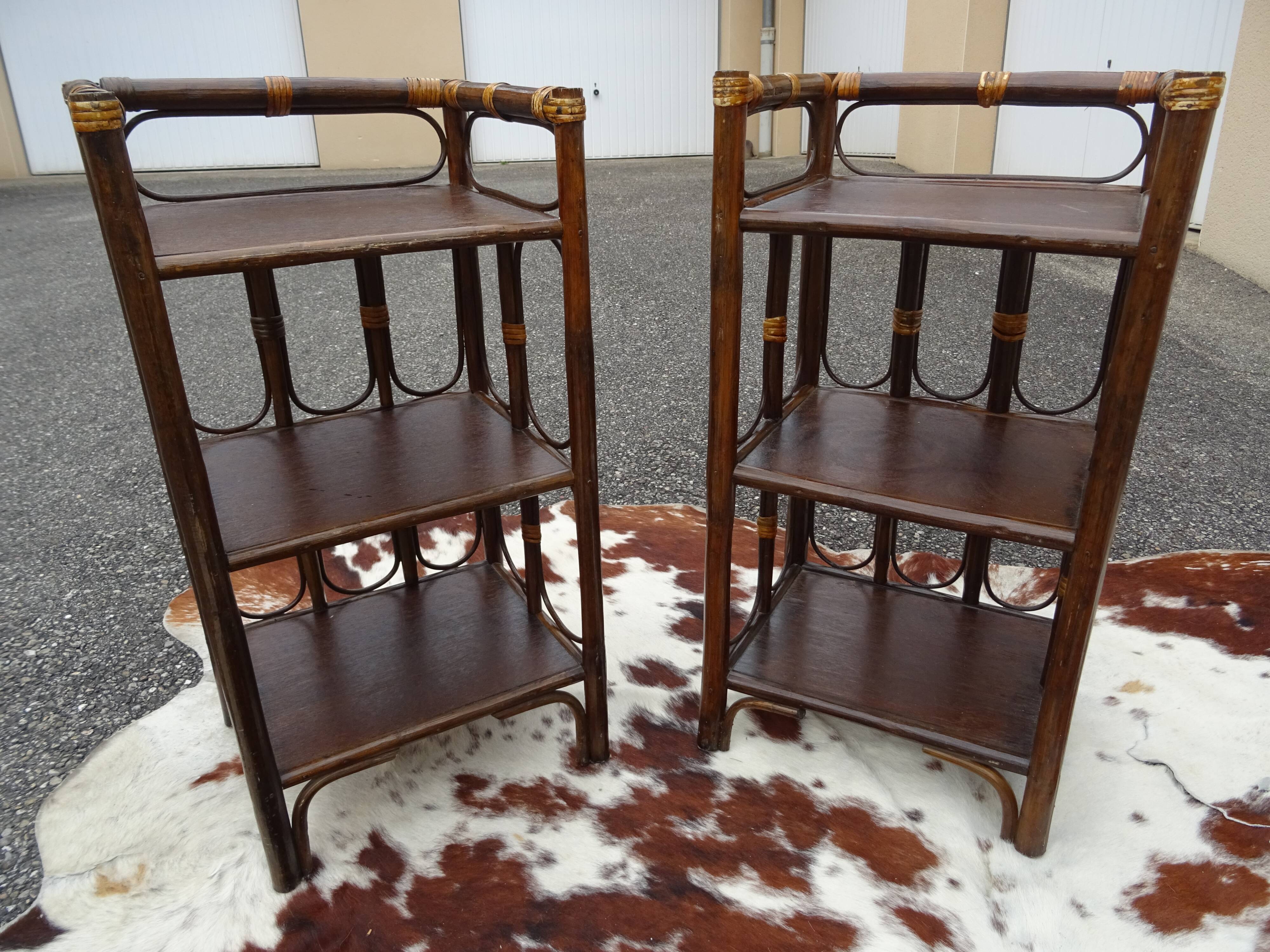 Pair of side tables bedside rattan and vintage bamboo