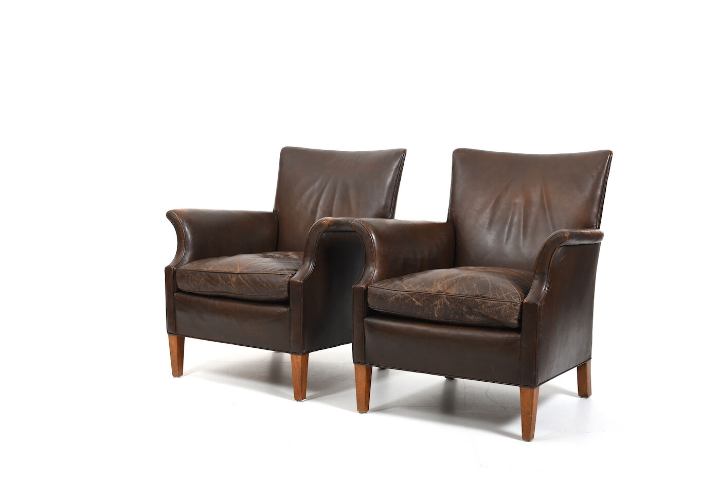 Pair of old Danish club chairs in patinated leather 1940s