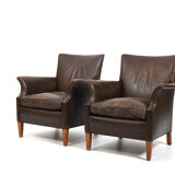 Pair of old Danish club chairs in patinated leather 1940s
