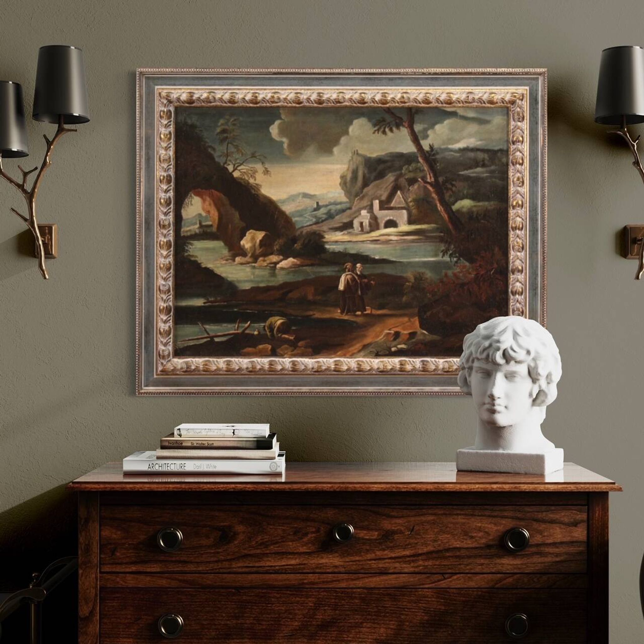 Peinture ancienne de paysage avec personnages du XVIIIe siècle