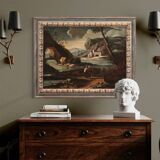 Antique painting landscape with characters from 18th century