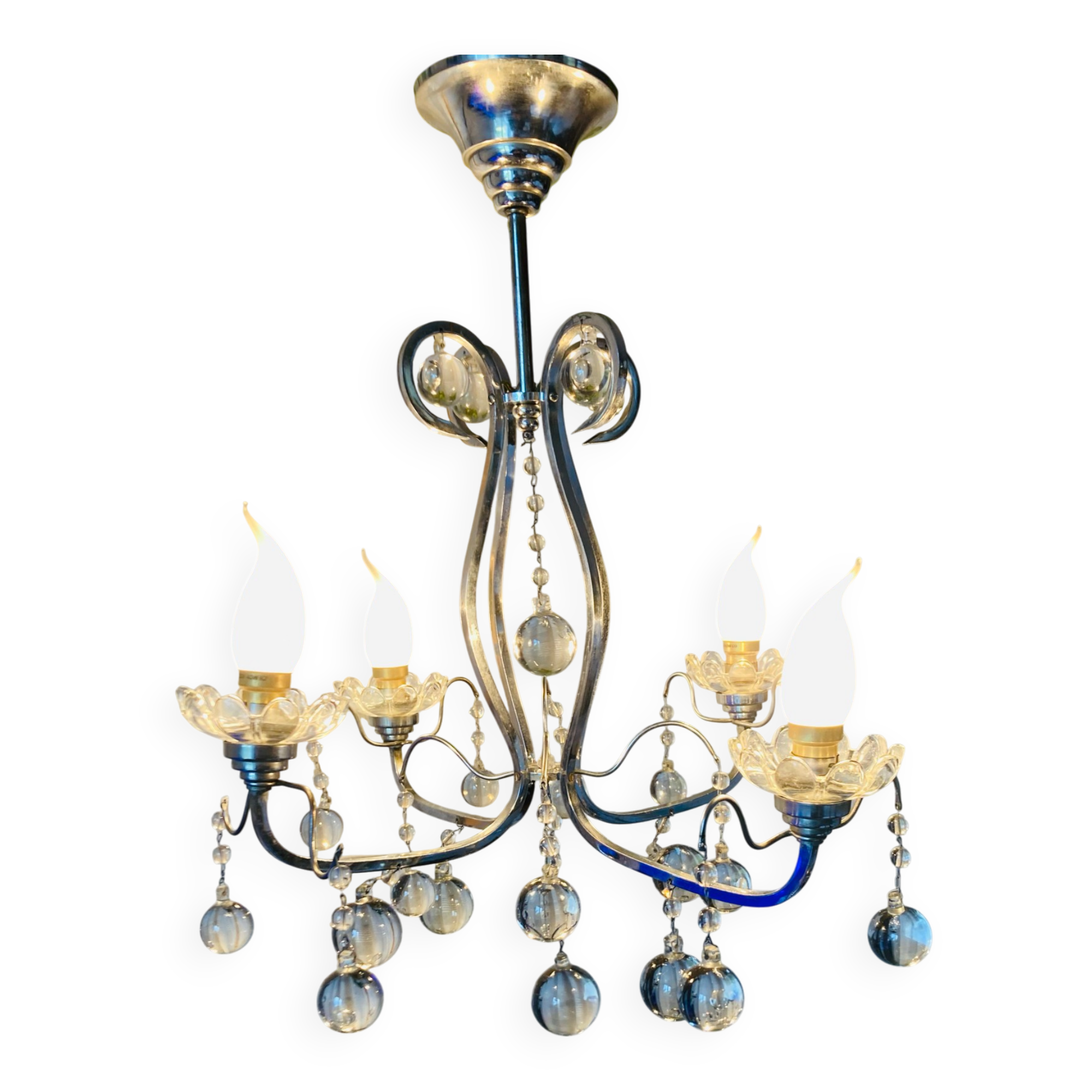 Art Deco chandelier from the early 20th century in chrome brass, with glass pendants.