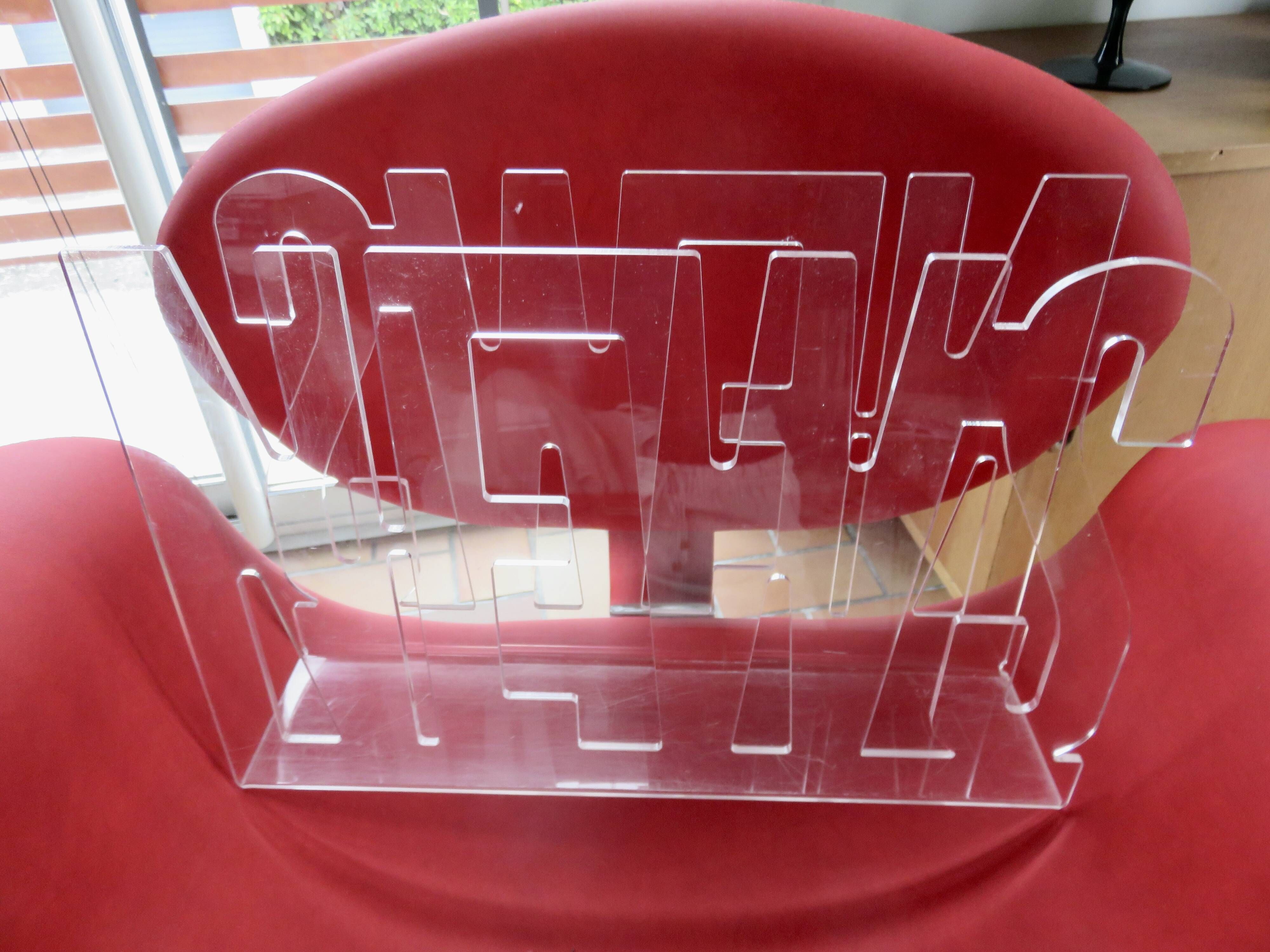 "News" magazine rack in transparent plexiglass, 1980s, vintage.