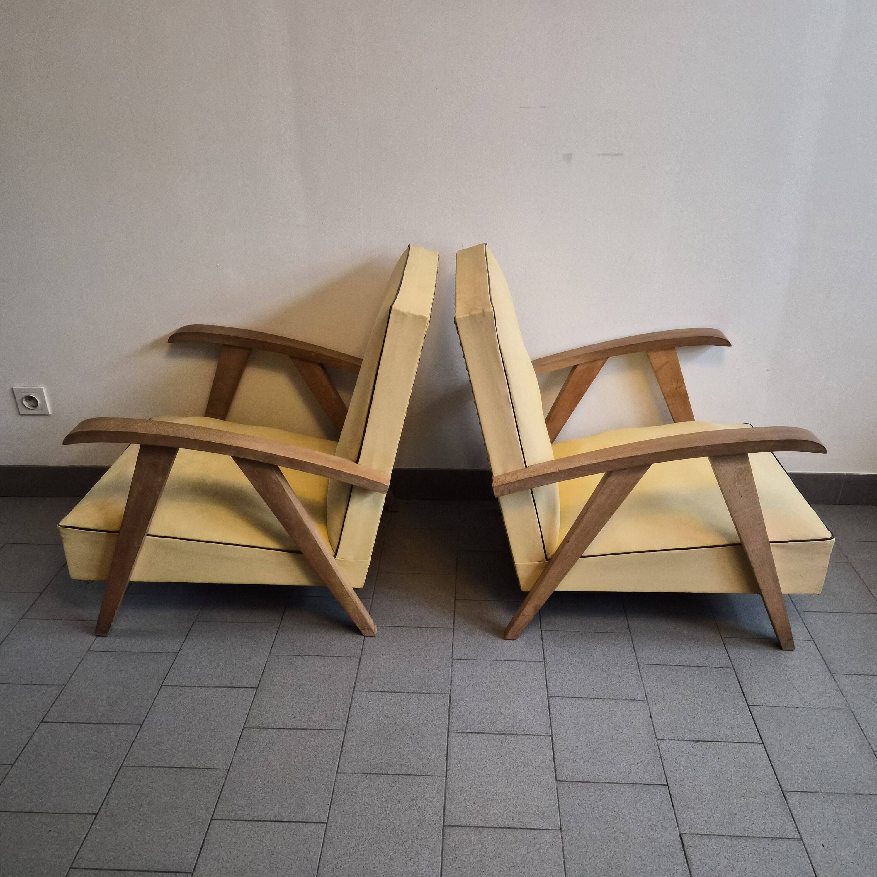 Pair of vintage 1950s armchairs with compass legs