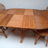Bamboo table with extensions, 3 chairs and 3 stools from the 60s