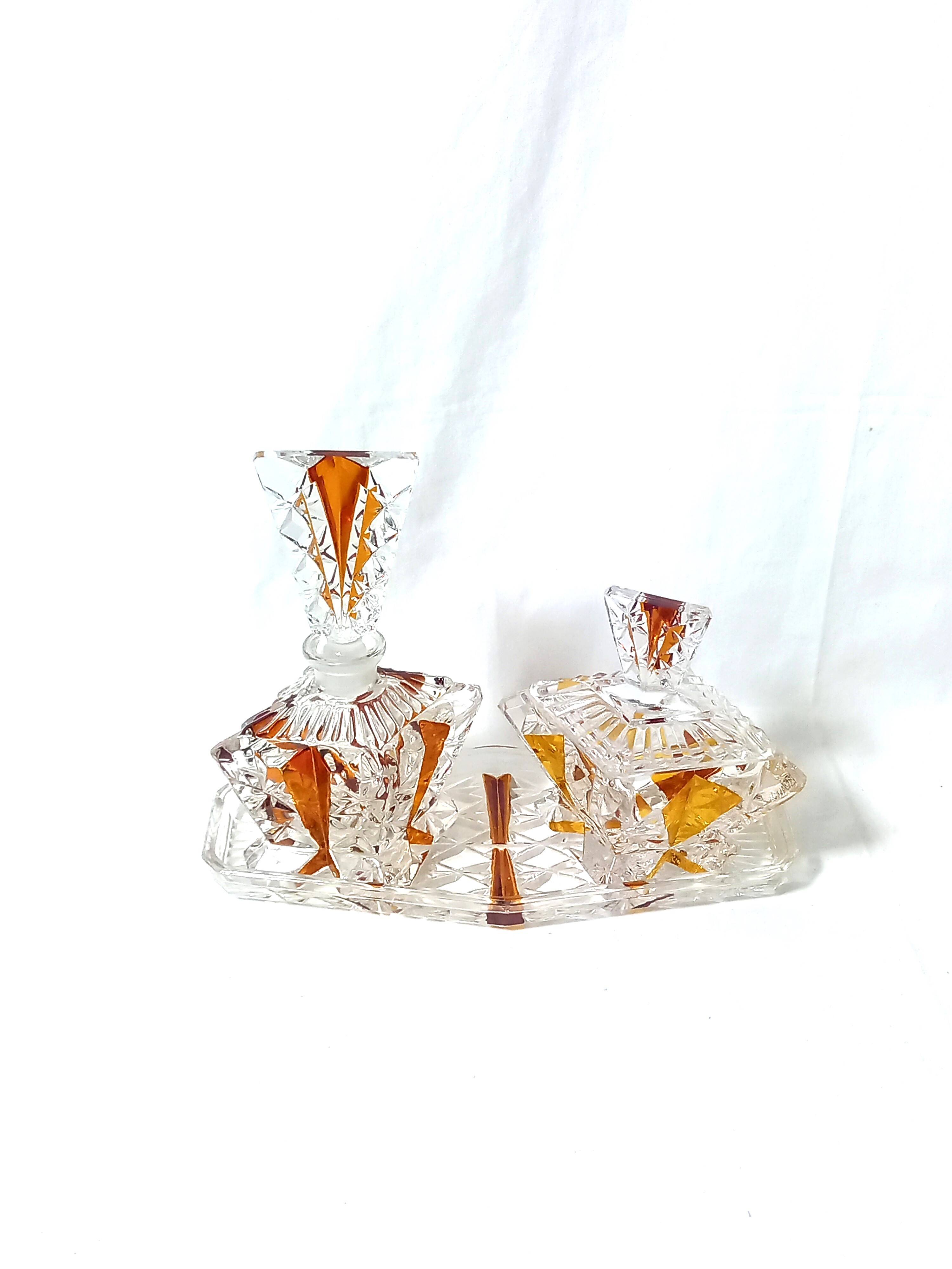 Art Deco Perfume Bottle, Pot and Tray in Transparent and Amber Glass