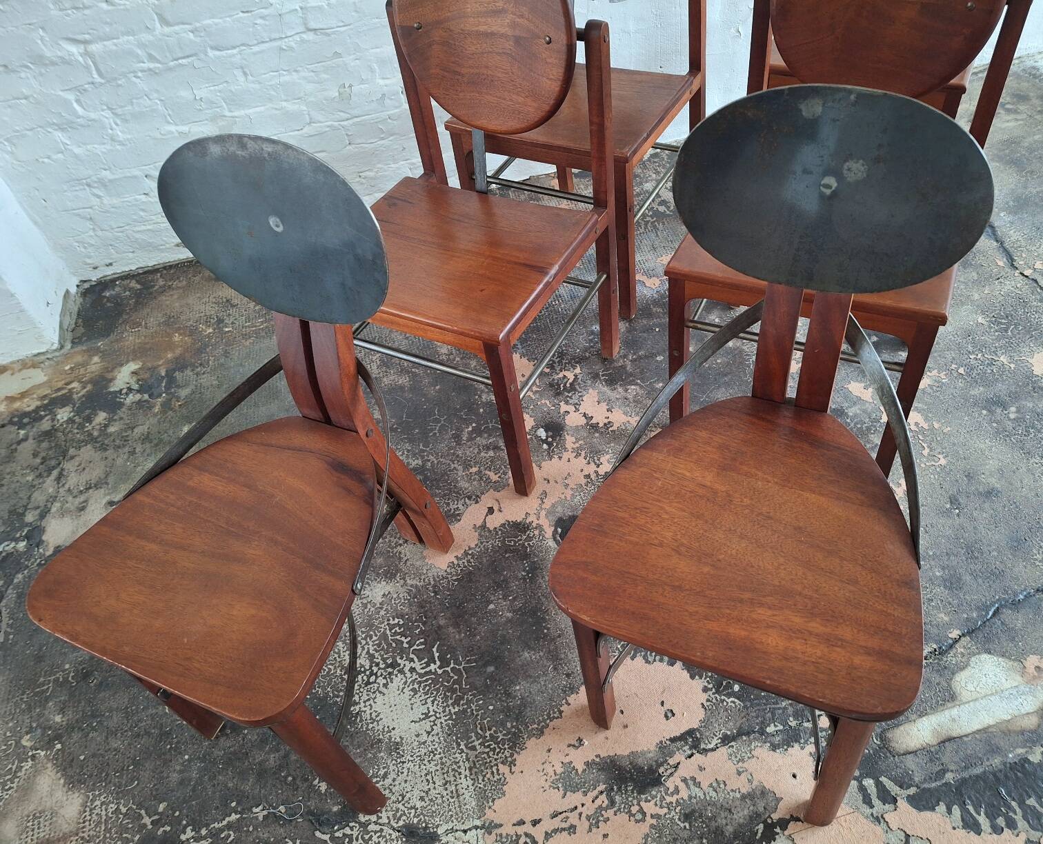 Set of 6 mid century Brutalist teak and steel dining chairs, 1960s