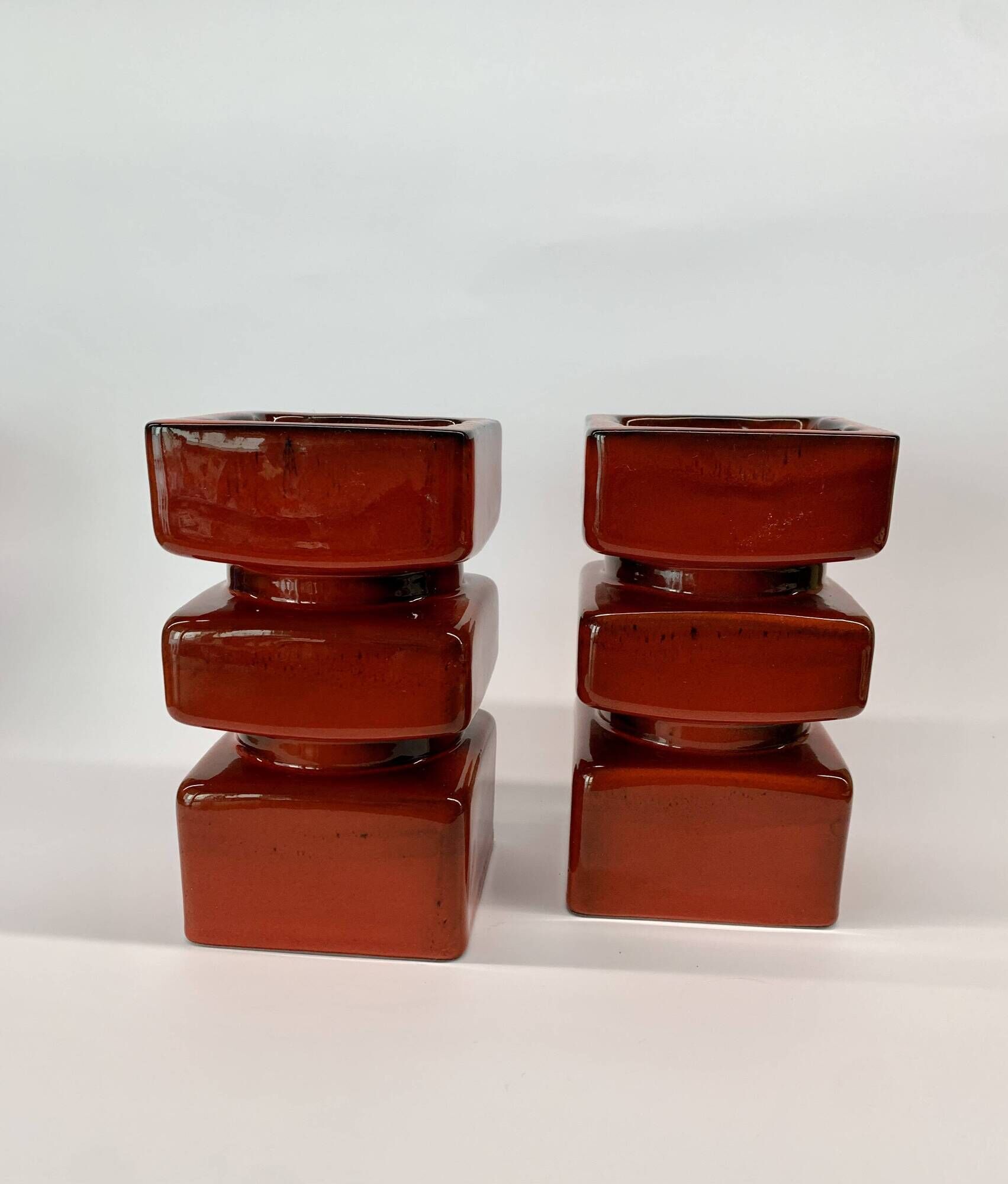 Set of 2 pottery block candleholders, 1970s