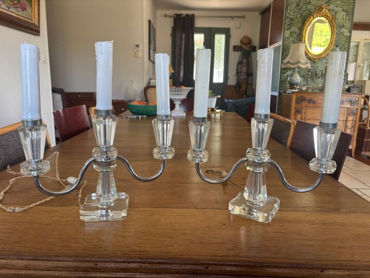 Pair of Electrified Art Deco Candle Holders – Cut Crystal & Chrome Metal 1