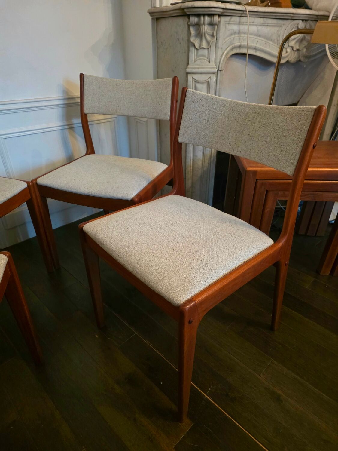 Set of 4 vintage teak and beige tweed chairs by Johannes Anderse