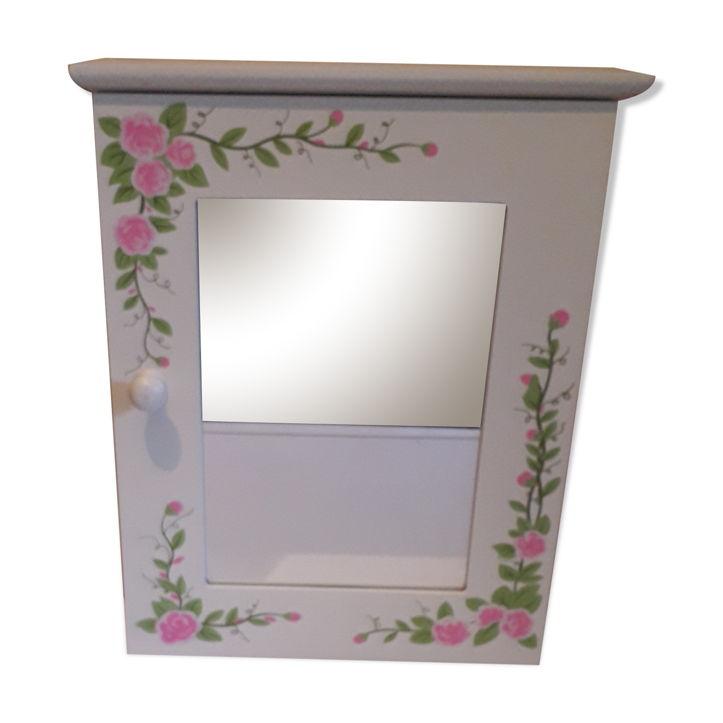 White mirrored toilet cabinet with floral pattern