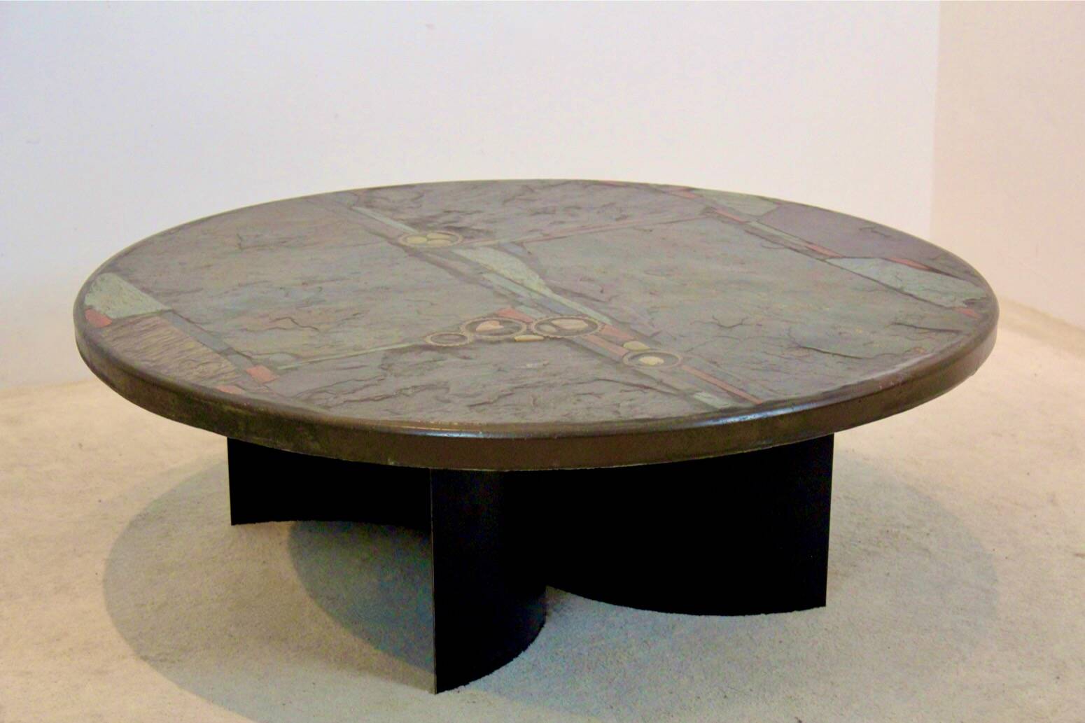 Brutalist Paul Kingma One-Off Slate, Ceramic and Brass Artwork Coffee Table, Signed