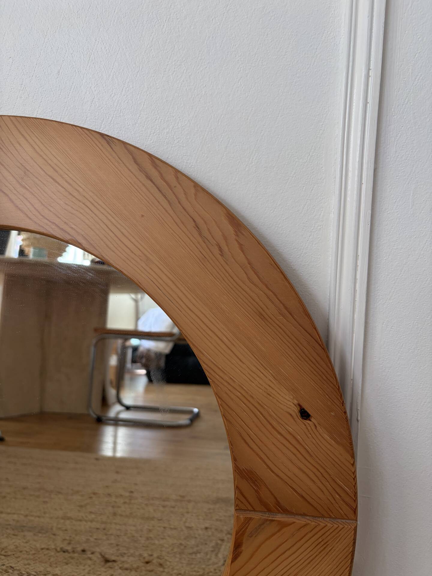 Round Scandinavian pine mirror from the 1970s.