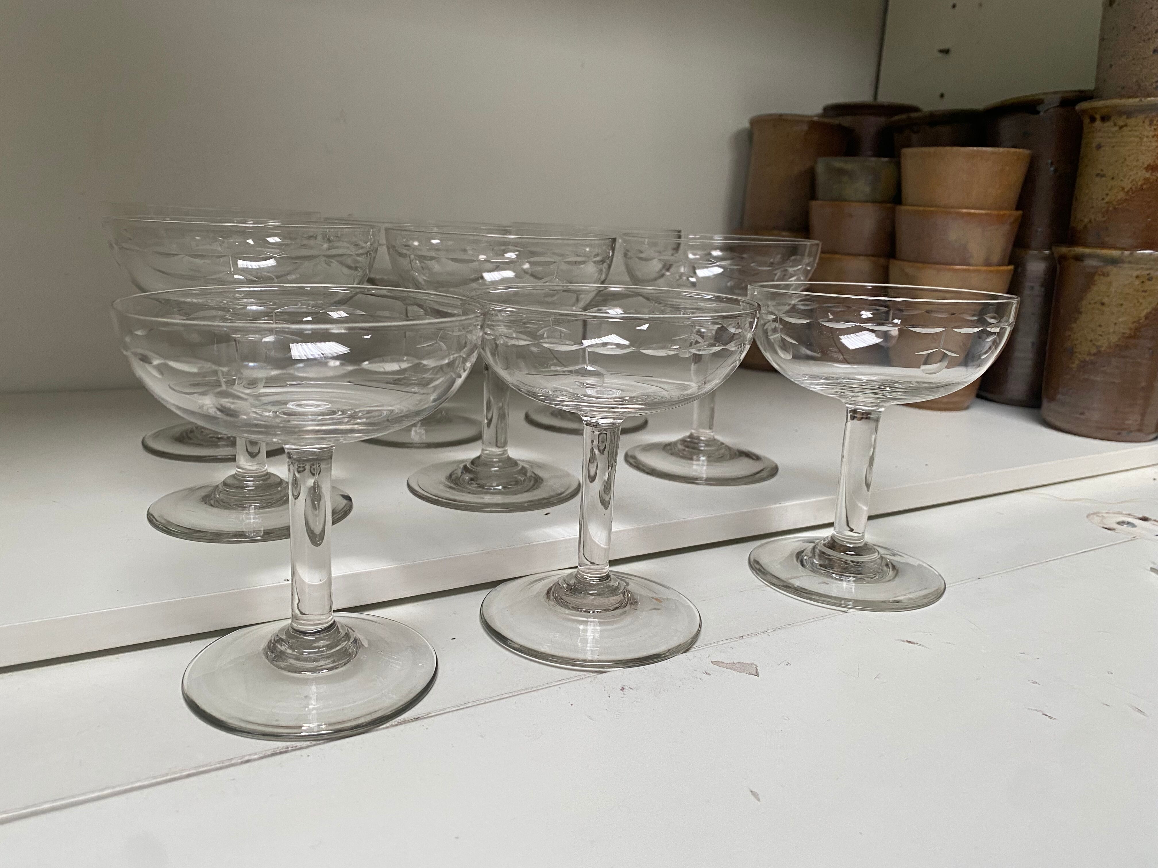 Set of 9 engraved champagne glasses