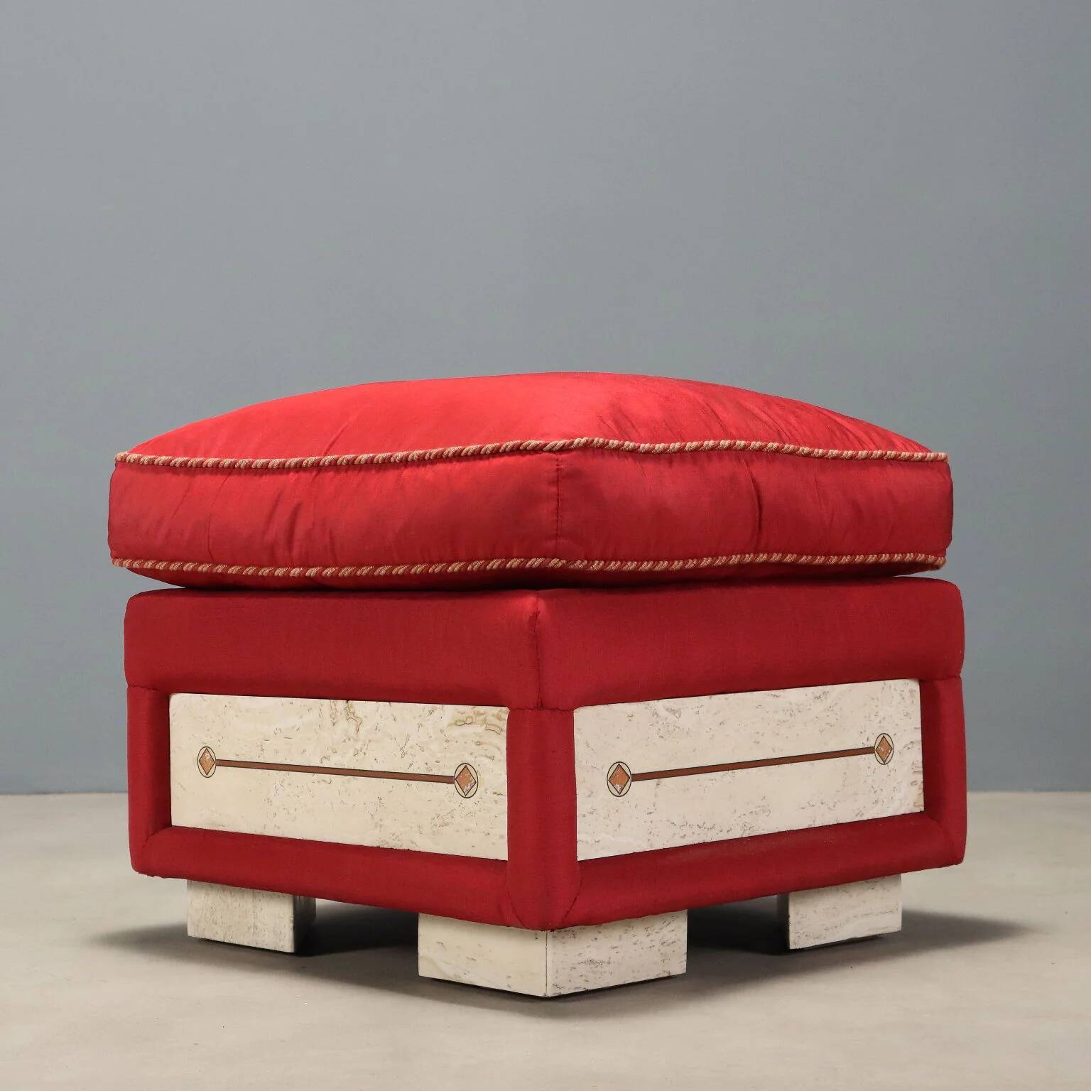 Vintage pouf in fabric and faux marble, Italy, 1950s-1960s.
