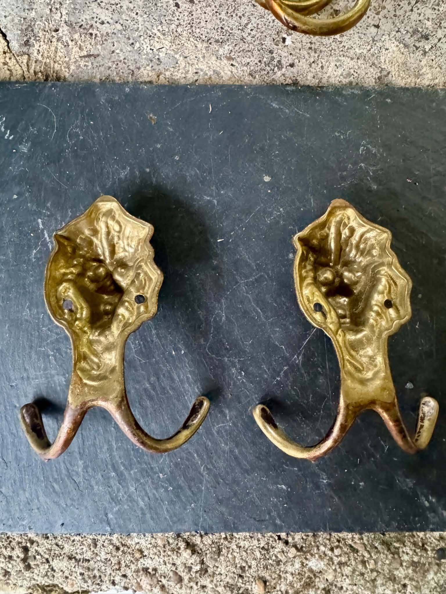 4 lion coat hooks in solid brass Art Nouveau